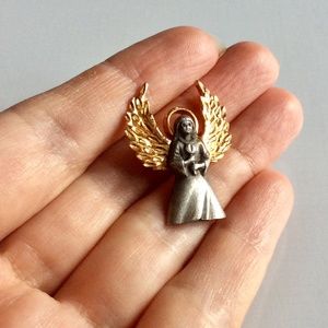 Vintage Signed Au C Angel Pendant Gold And Silver Tone